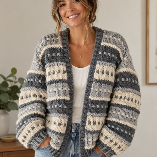 Ladies Super-chunky Hand-knitted Cardigan in Charcoal, Grey & Cream