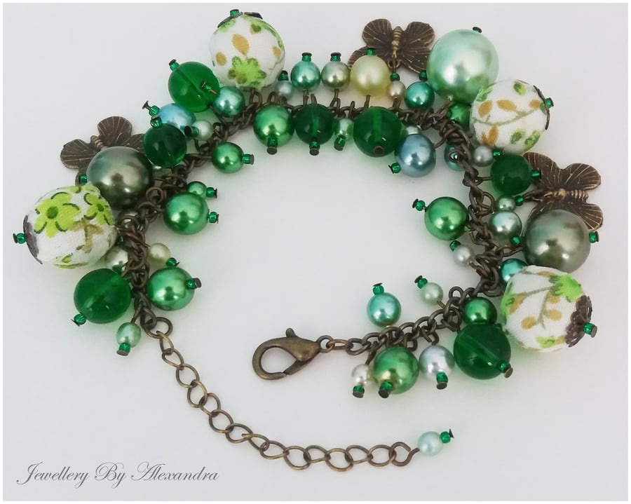 Cluster Bracelet-Green with Cotton Wrapped Beads and Butterfly Charms