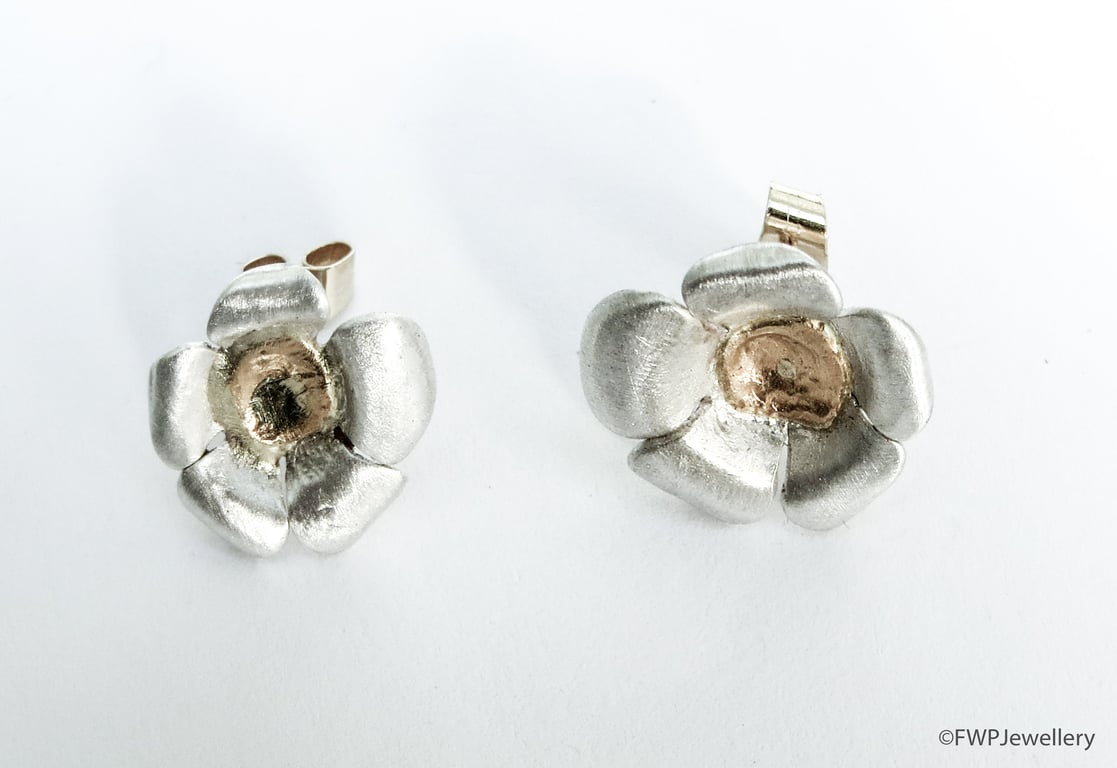 Silver Flower Earrings with Gold Centres