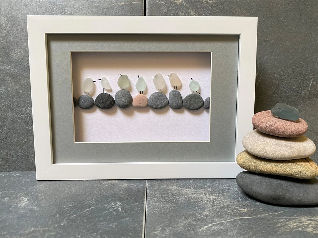 Handcrafted Sea glass Artwork, Seagulls on Rocks, Framed Wall Décor