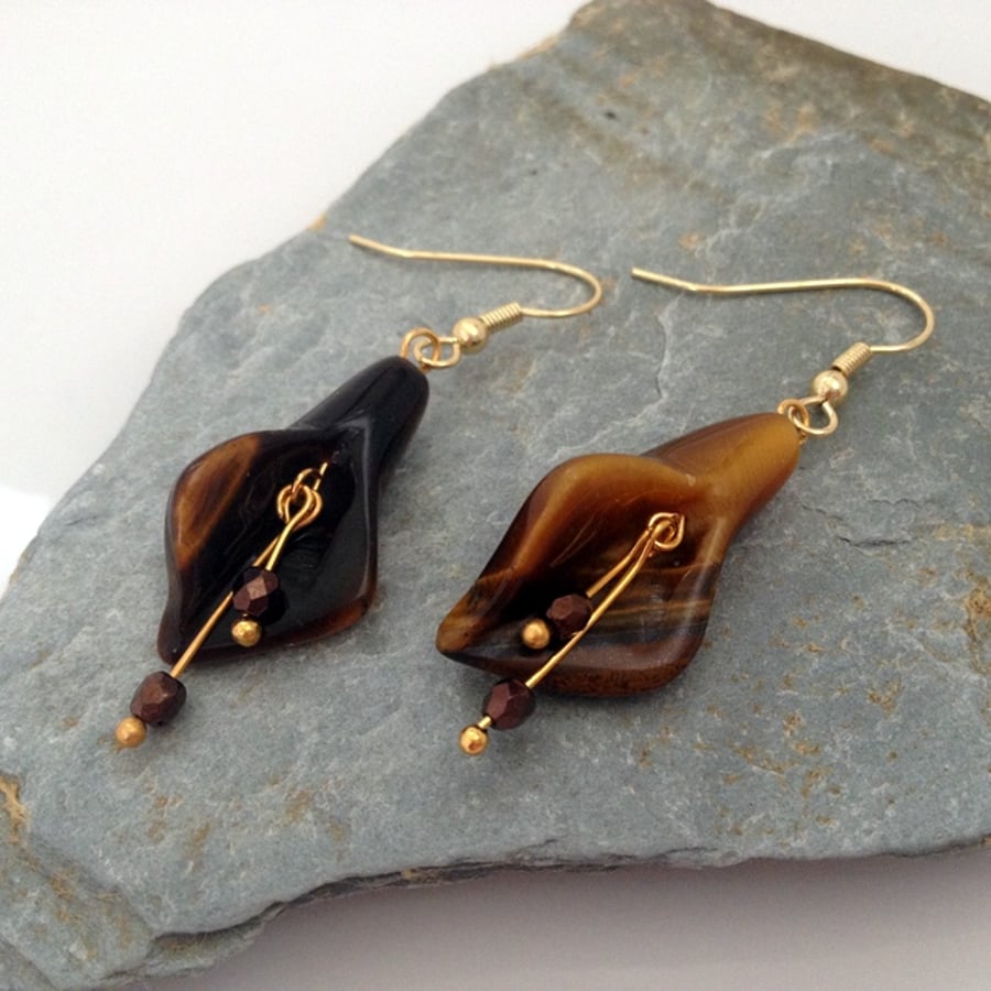 Gold Plated Tiger's Eye Calla Lily Earrings