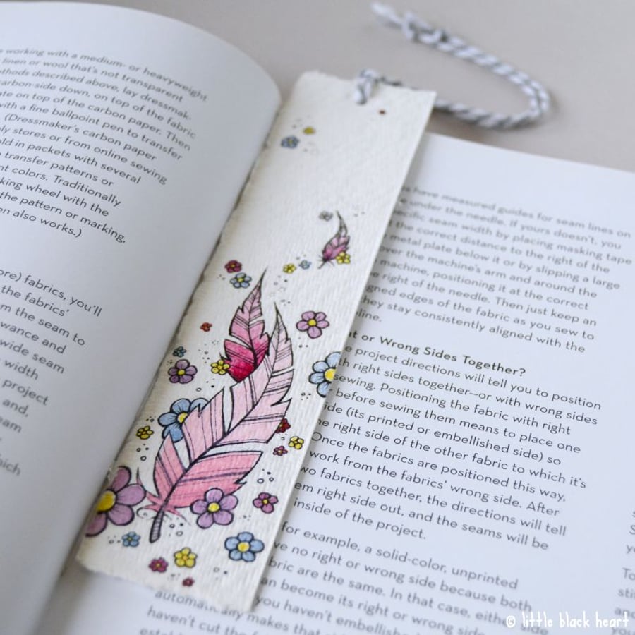 bookmark with original illustration - floating feathers and flowers