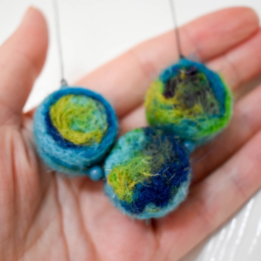 Felted bead necklace in blue and green wool