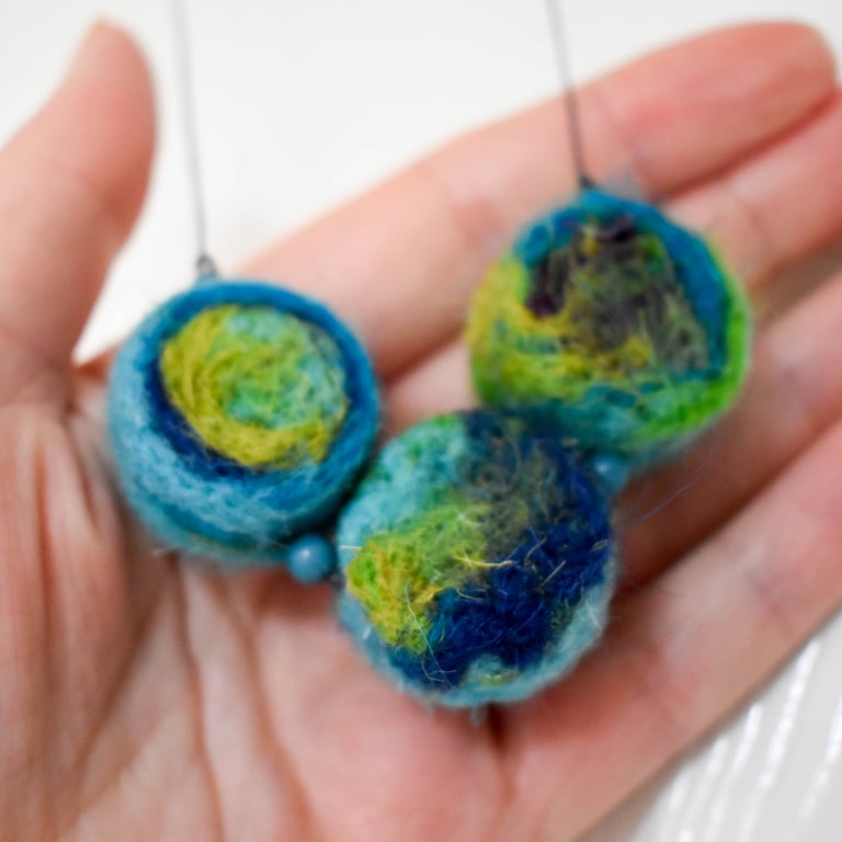 Felted bead necklace in blue and green wool