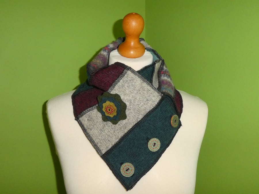 Neck Warmer Scarf with 3 button Trim. Upcycled Cowl. Felt Flower. Teal Grey