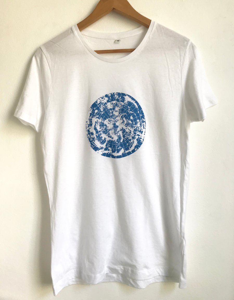 Polar Circle Men's white cotton T Shirt metallic blue print size small