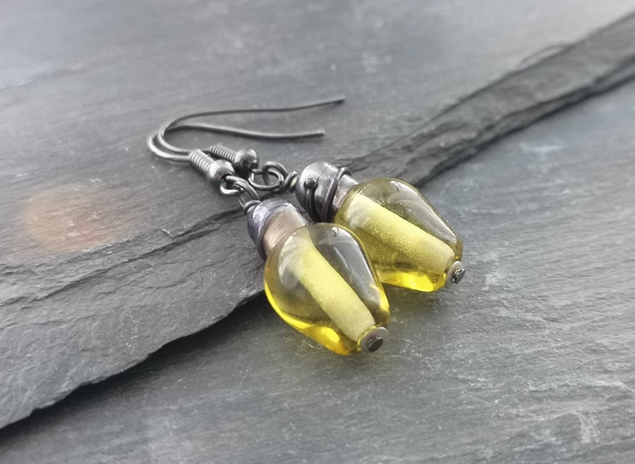 Yellow fairy light earrings, lamp work beads 