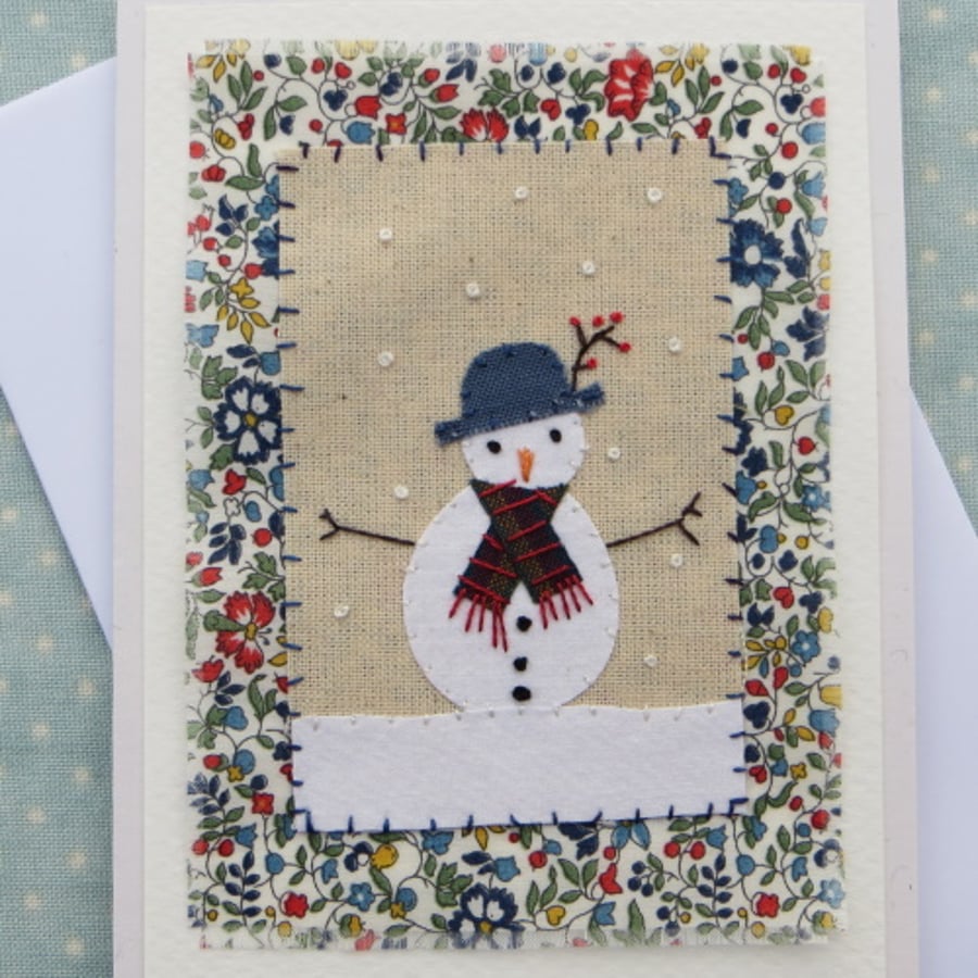 Sweet little snowman card with Liberty print background and berries in his hat!