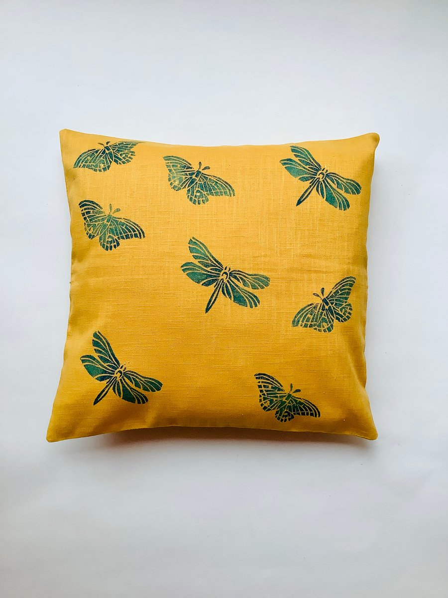 Ochre yellow Butterflies and Dragonflies linen cushion cover