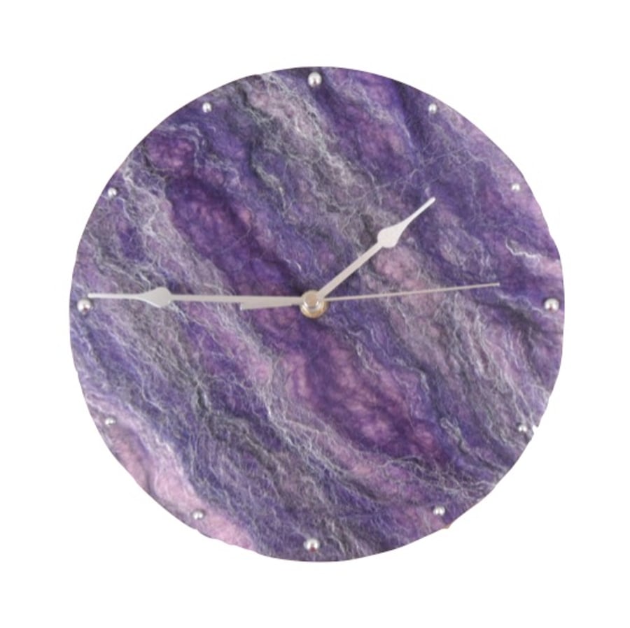 Felted clock, 25cm, marbled effect in purple shades of merino wool