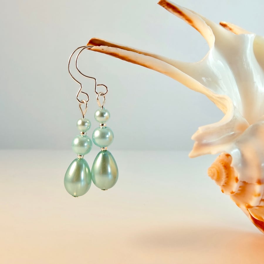 Pale Aqua Glass Pearl Earrings - Handmade In Devon