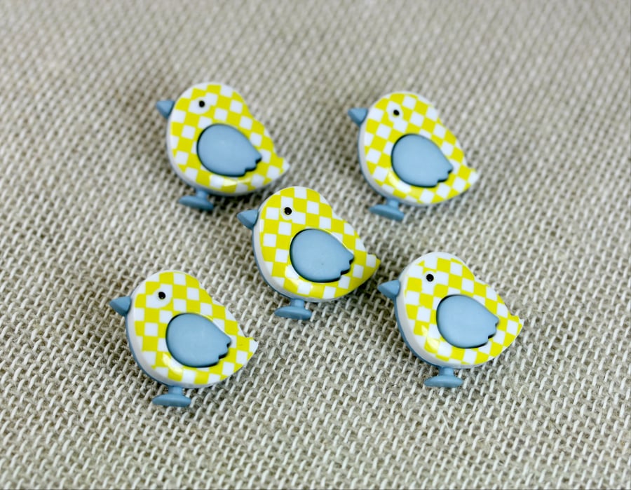 Set of 5 Retro Bird Buttons, Craft Supplies