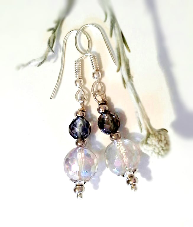 Gray & Diamond White Quartz Silver Plated Earrings