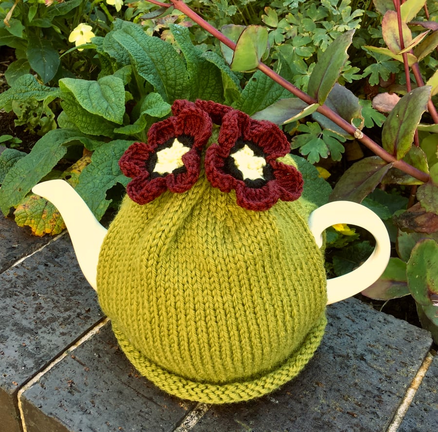 Lime Green Tea Cozy With Hellebore Flowers, Christmas Rose Tea Cosy