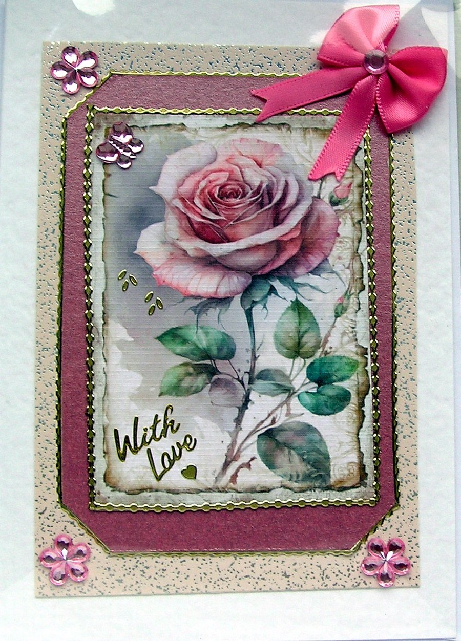 Pink Rose Flower Hand Crafted Decoupage Greeting Card - With Love (2520)