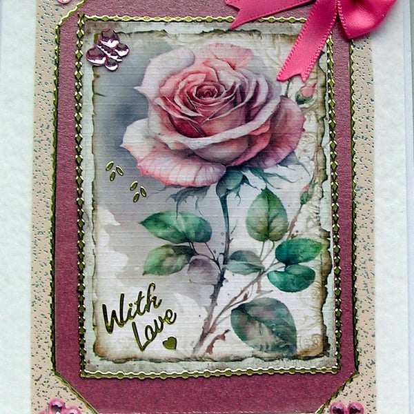 Pink Rose Flower Hand Crafted Decoupage Greeting Card - With Love (2520)