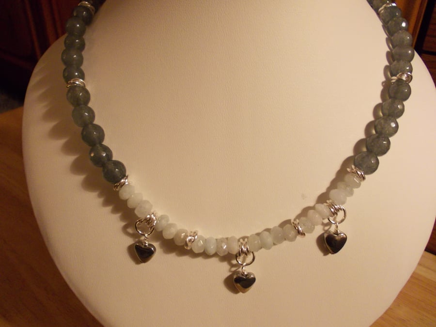 Aquamarine, quartz and haematite heart charm necklace