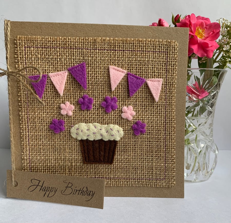 Handmade Birthday Card. Cupcake and bunting from wool felt. Keepsake card.