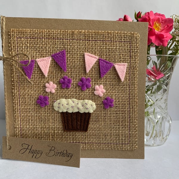 Handmade Birthday Card. Cupcake and bunting from wool felt. Keepsake card.