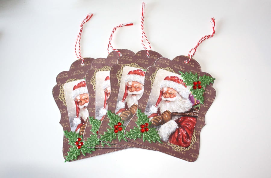 Santa Claus Merry Christmas Holly Leaf Jumbo Gift Tags Set of 4