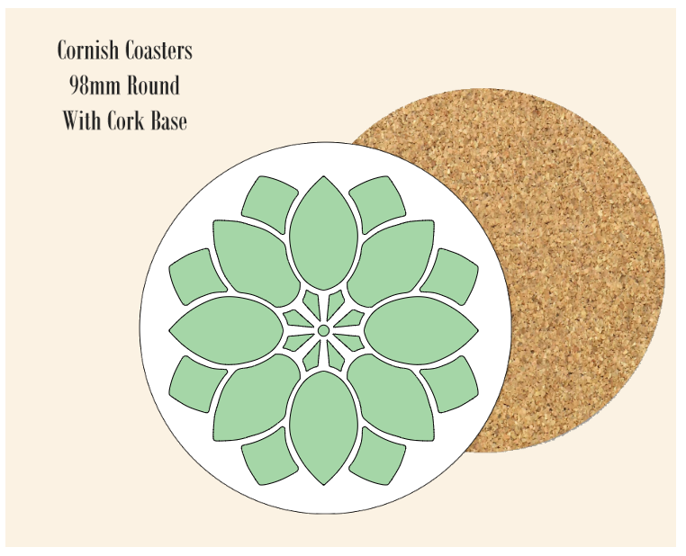 Green Abstract Flower  Coaster 9.8cm Round With Cork Base.- Design 3