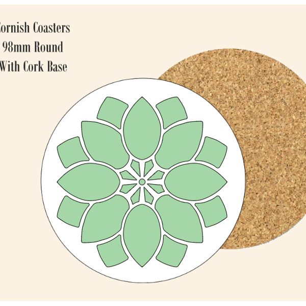 Green Abstract Flower  Coaster 9.8cm Round With Cork Base.- Design 3