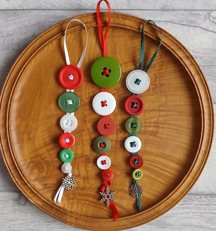 Set of Three Festive Button Dangle Christmas Tree Decorations