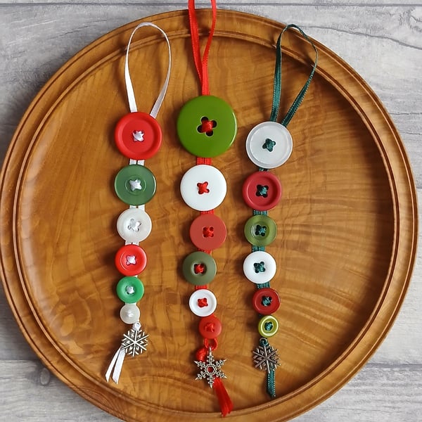 Set of Three Festive Button Dangle Christmas Tree Decorations