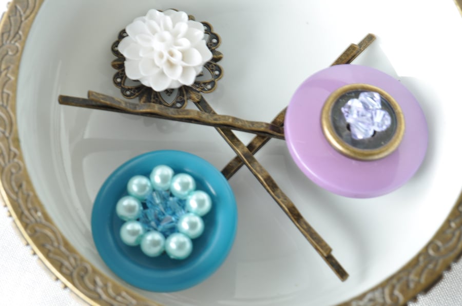 Handmade Bobby Hair Pins, Purple & Turquoise Beaded Buttons & White Flower