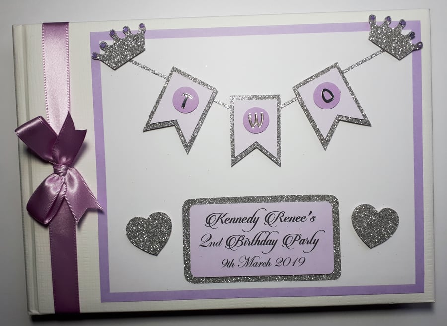 Purple and silver princess birthday guest book, glitter princess birthday gift