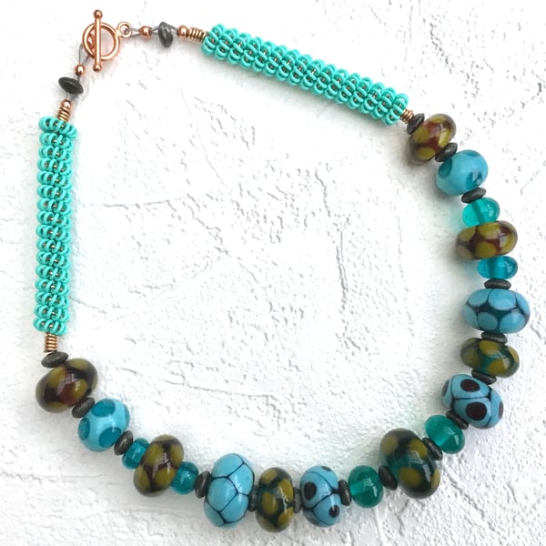 Turquoise and burnt lime lampwork necklace 
