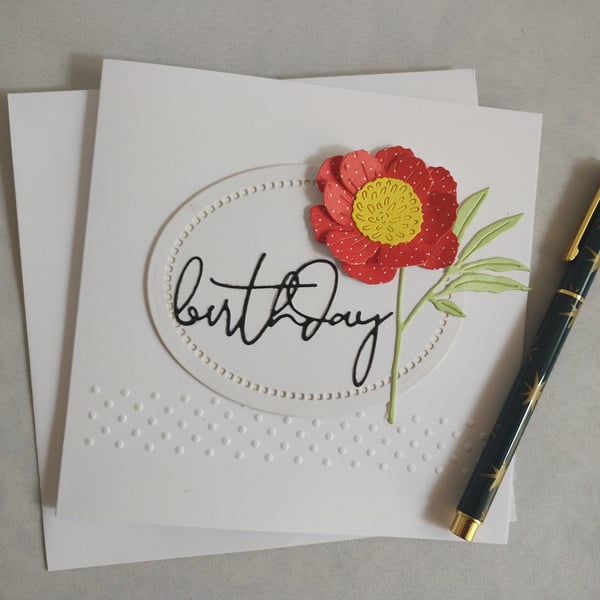 Red Polka Dot Pretty Woodland Flower - Handmade Birthday Card 