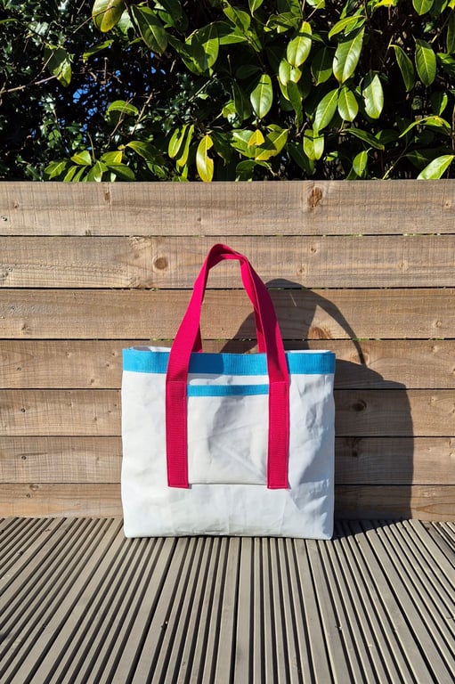 Upcycled Sailcloth Tote Bag with Raspberry Handles - Handmade Coastal Shopper