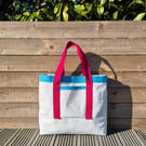 Upcycled Sailcloth Tote Bag with Raspberry Handles - Handmade Coastal Shopper