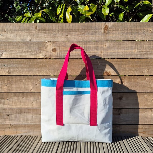 Upcycled Sailcloth Tote Bag with Raspberry Handles - Handmade Coastal Shopper