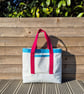 Upcycled Sailcloth Tote Bag with Raspberry Handles - Handmade Coastal Shopper