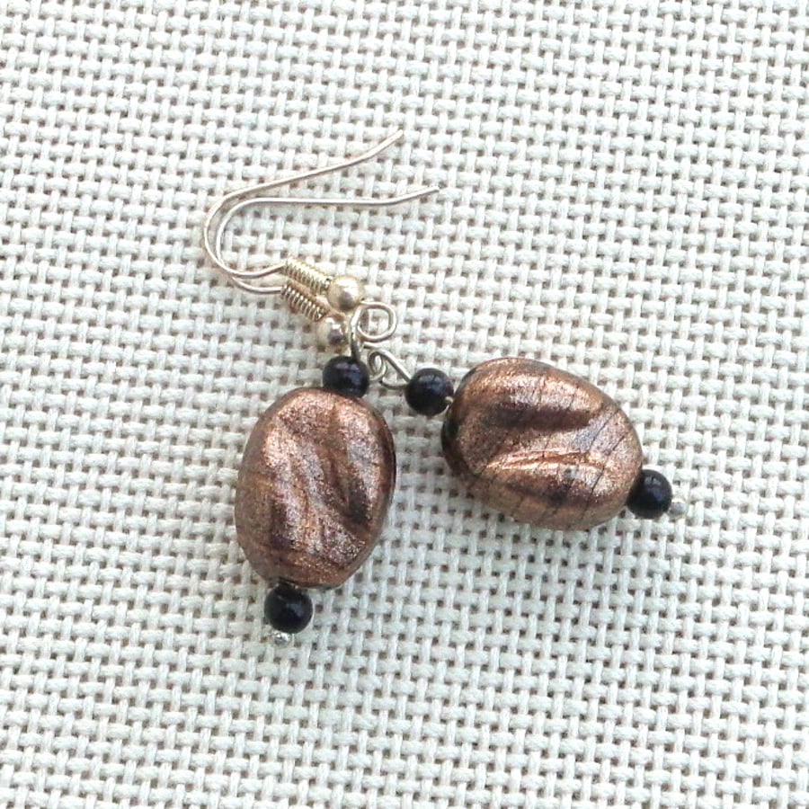 Shiny coffee brown & black glass bead drop earrings