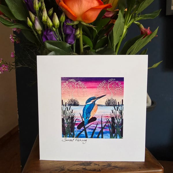 Sunset Fishing Handmade Bank Greetings Card