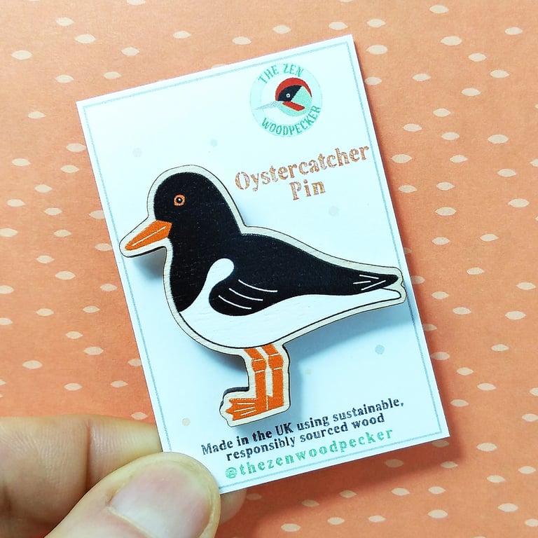 Oystercatcher Pin Badge, Wooden Bird Brooch, Seabird Badge, Coastal