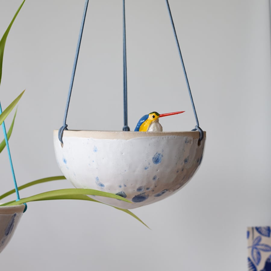Blue and white ceramic hanging planter - handmade pottery
