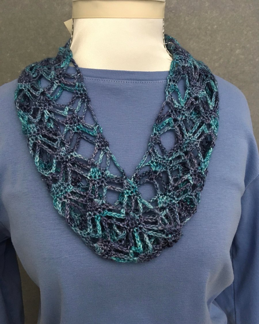 blue crochet lace cowl scarf