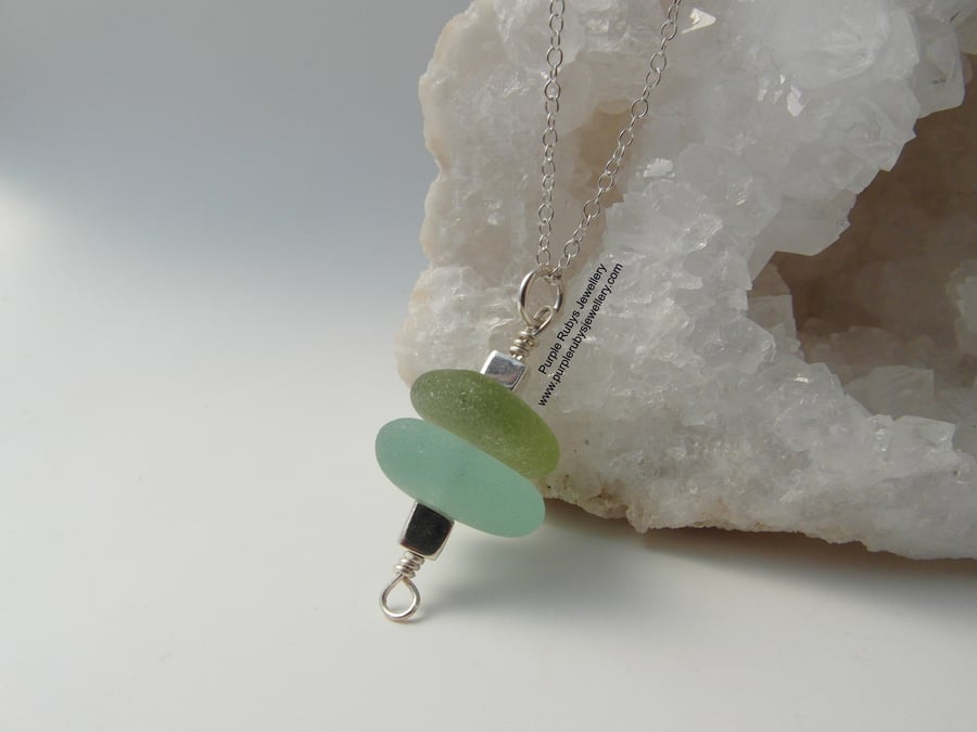 Sea Foam and Light Green Cornish Sea Glass Stack Necklace, Sterling Silver N277