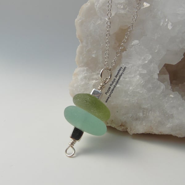 Sea Foam and Light Green Cornish Sea Glass Stack Necklace, Sterling Silver N277