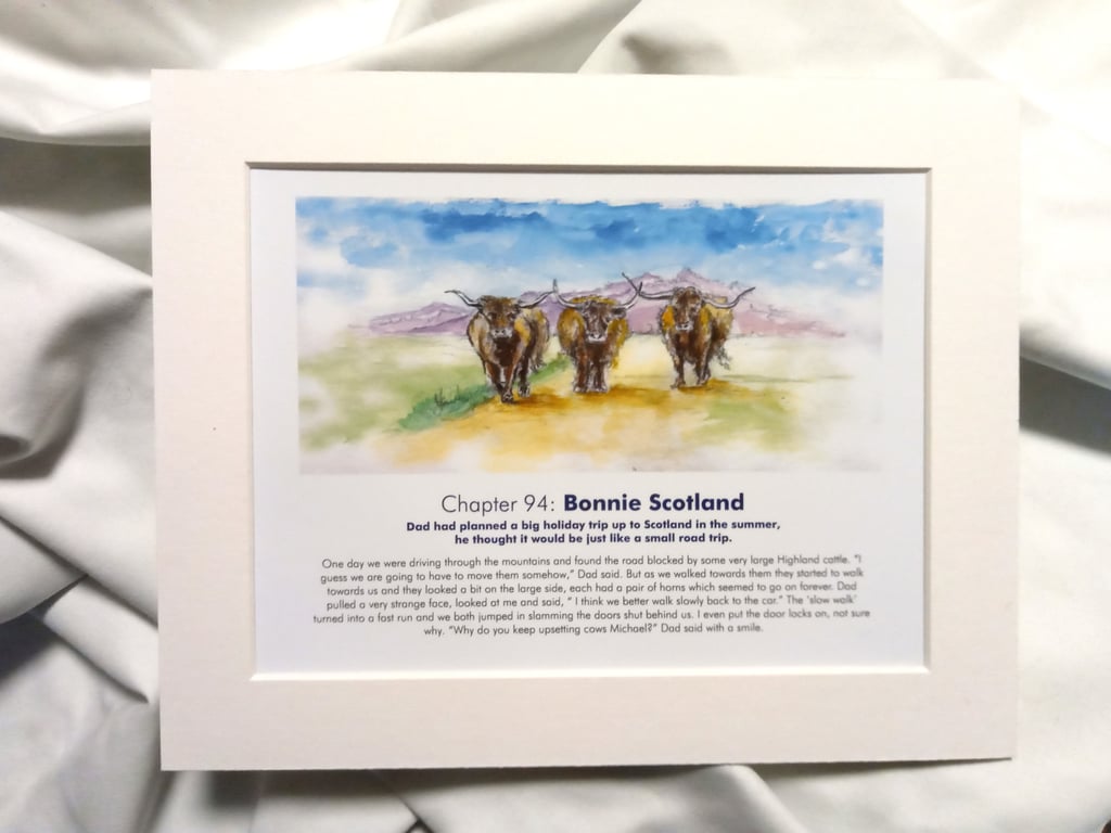 Original hand painted watercolour print of Highland Cattle Scotland