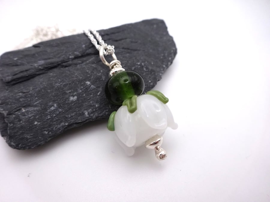 lampwork glass white rose pendant necklace