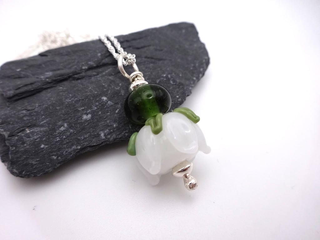lampwork glass white rose pendant necklace