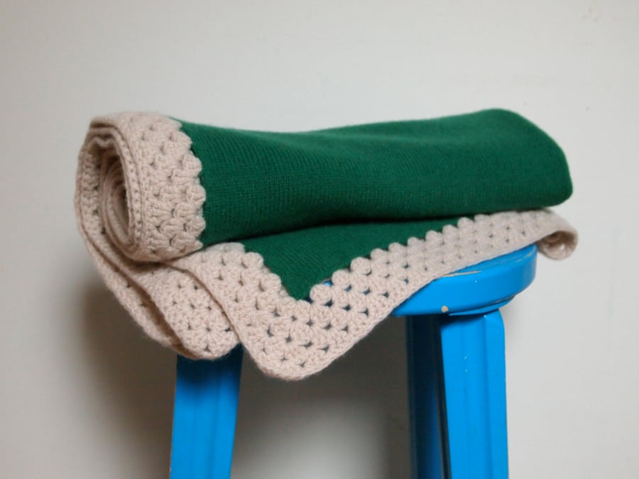 Knitted Lambswool Green Blanket With Beige Crochet Border