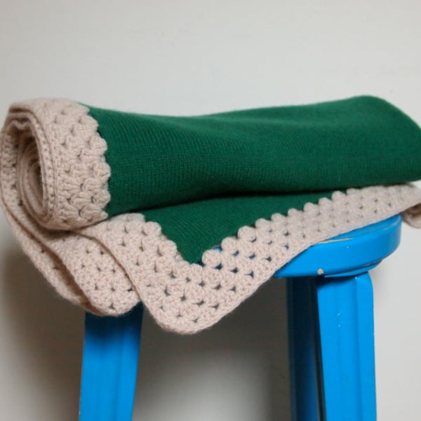 Knitted Lambswool Green Blanket With Beige Crochet Border