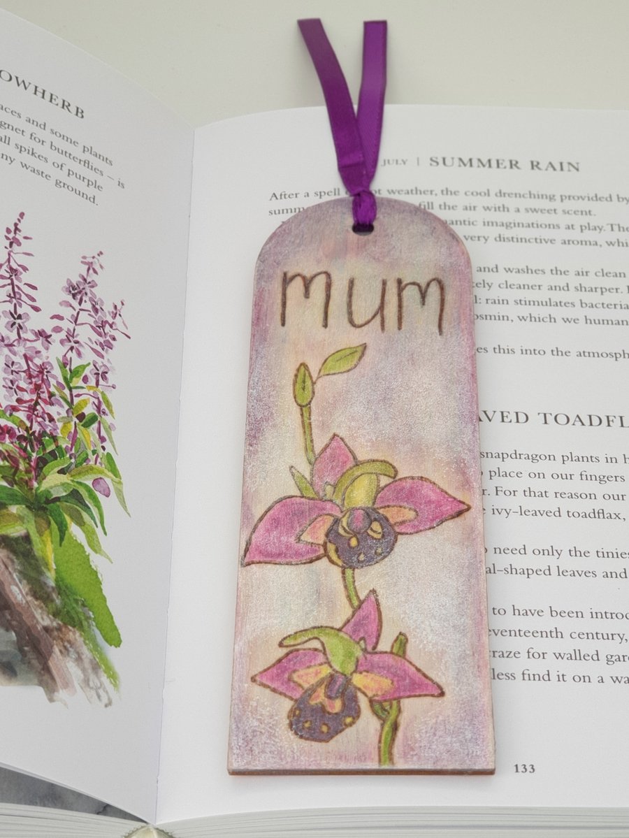 Mum wooden bookmark with pyrography orchid design 