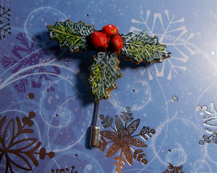 Chistmas HOLLY & RED BERRIES PIN Festive Lapel Pin Brooch HANDMADE HAND PAINTED